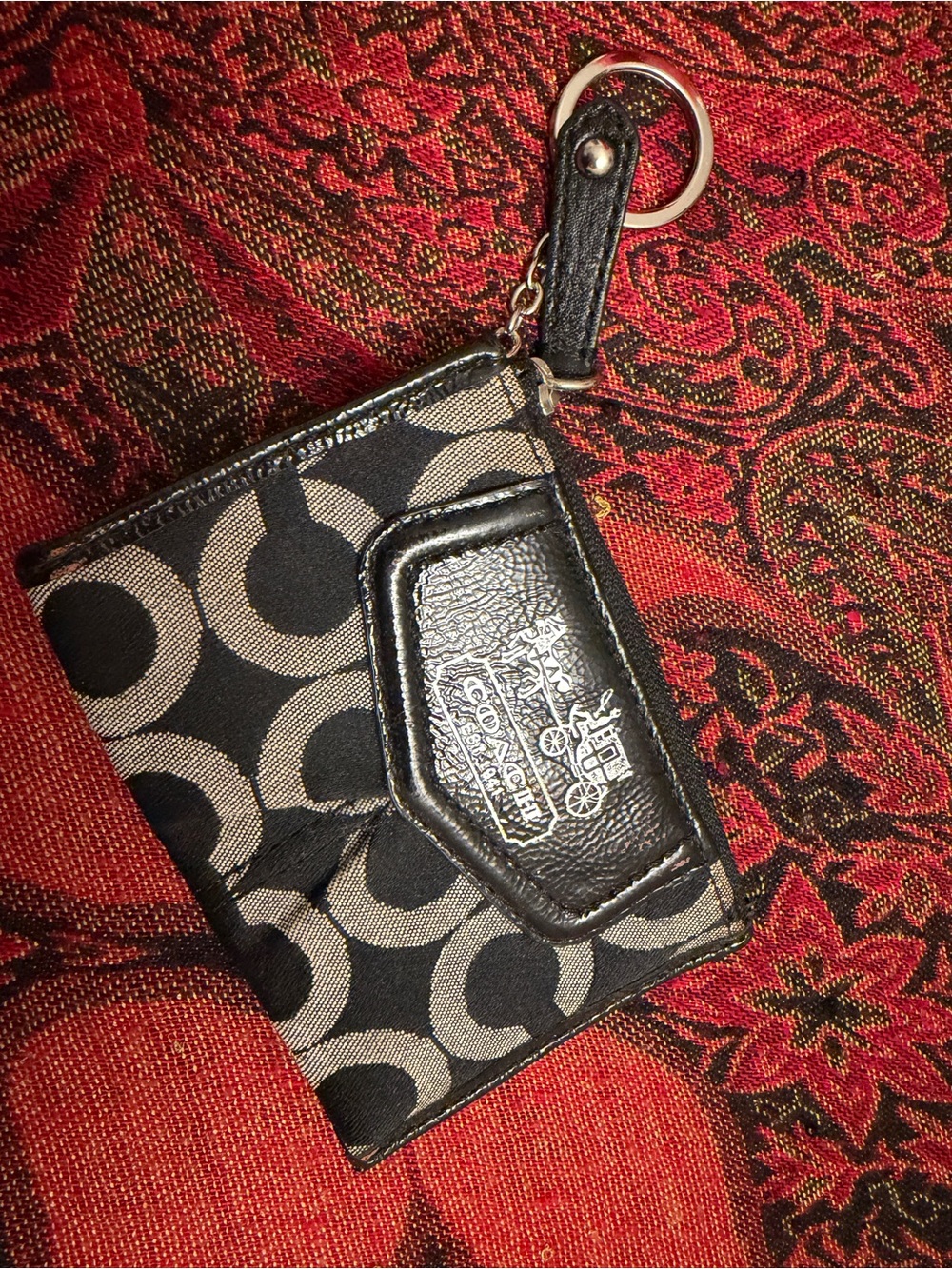 Coach Black and Cream Signature Card Holder Keychain- some wear on front